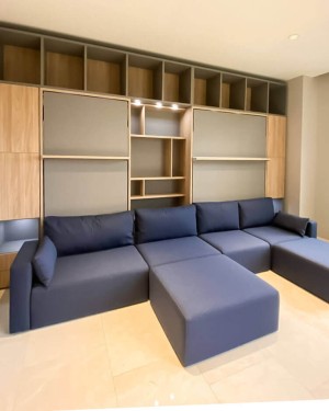 C - ROYAL Queen Wall Bed with Sectional Sofa and Bookcase Set