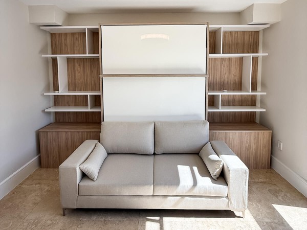 ROYAL Queen Wall Bed with Sectional Sofa and Bookcases