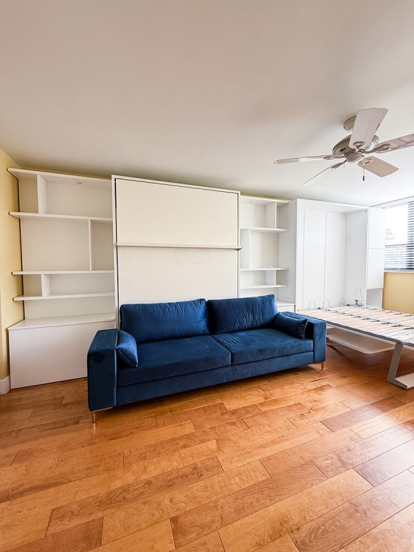 Royal Queen Wall Bed With Sectional Sofa Self Leveling Desk Wardrobes and Bookcase Set 1