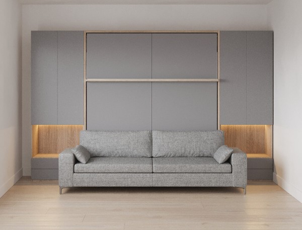 Royal King Murphy Bed with Sectional Sofa and Wardrobes