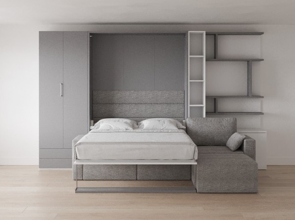 Royal Queen Wall Bed with Sectional Sofa Wardrobe and Bookcase Set 141