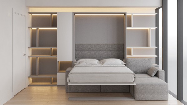 Royal Queen Wall Bed with Sectional Sofa Wardrobe and Bookcase Set 185