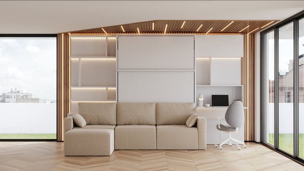 Royal Queen Wall Bed with Sectional Sofa Wardrobe and Bookcase Set 232