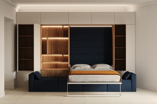 Royal Queen Wall Bed with Sectional Sofa Wardrobe and Bookcase Set 255