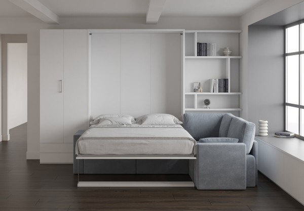 Royal Queen Wall Bed with Sectional Sofa Wardrobe and Bookcase Set 77