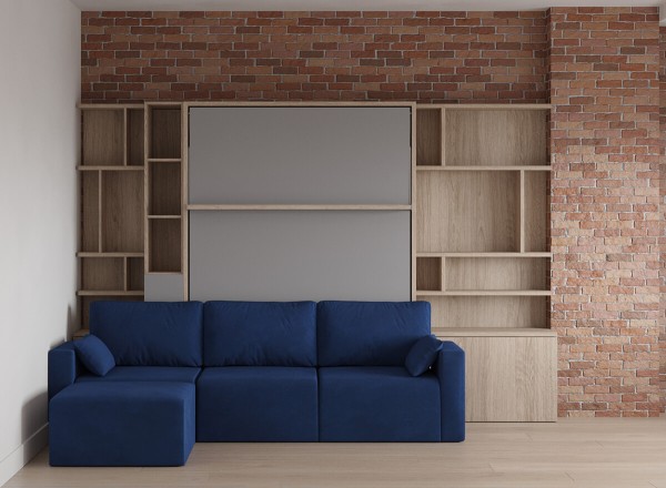 Royal Queen Wall Bed with Sectional Sofa and Bookcase Set 43