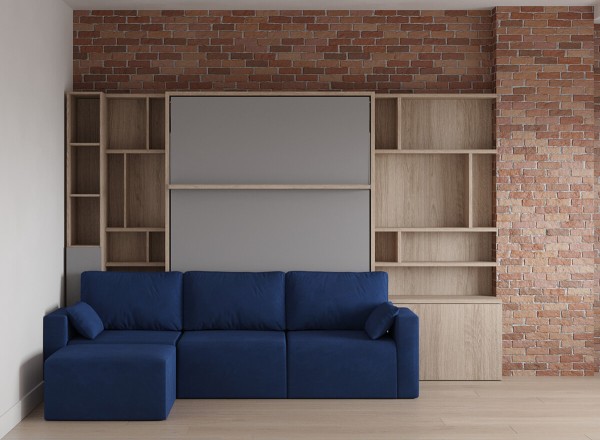 Royal Queen Wall Bed with Sectional Sofa and Bookcase Set 45