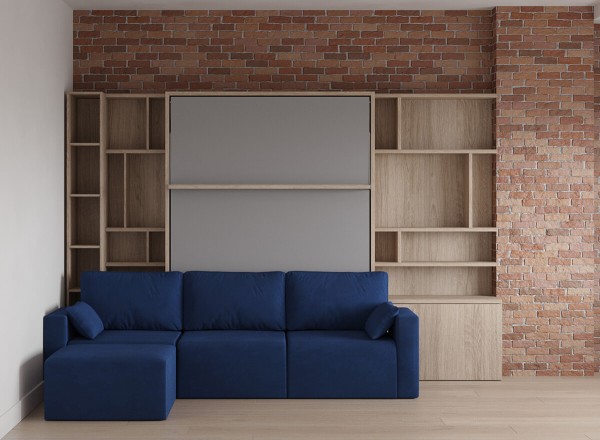 Royal Queen Wall Bed with Sectional Sofa and Bookcase Set 46