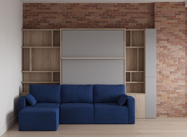 Royal Queen Wall Bed with Sectional Sofa and Bookcase Set 48