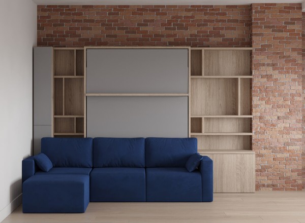 Royal Queen Wall Bed with Sectional Sofa and Bookcase Set 50