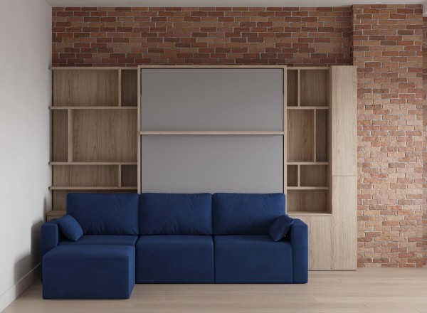 Royal Queen Wall Bed with Sectional Sofa and Bookcase Set 52