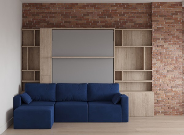 Royal Queen Wall Bed with Sectional Sofa and Bookcase Set 53