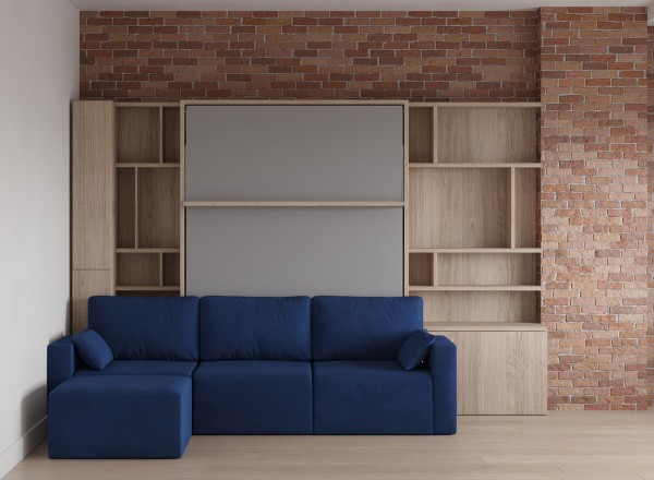 Royal Queen Wall Bed with Sectional Sofa and Bookcase Set 54