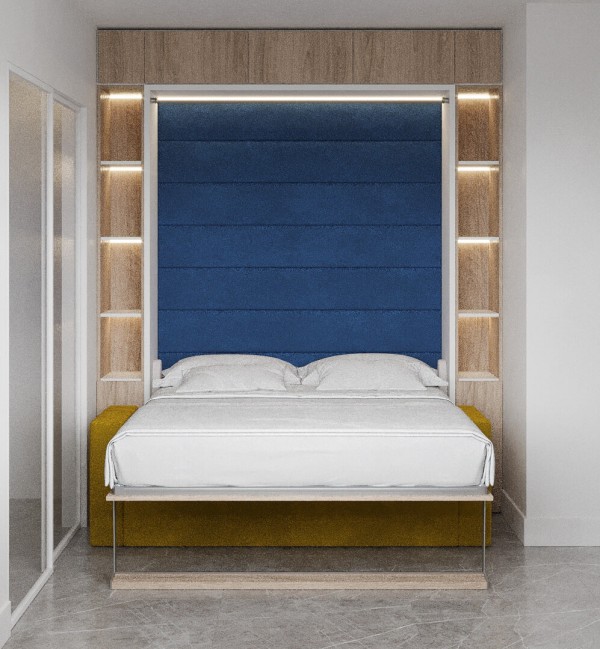 Royal Queen Wall Bed with Sectional Sofa and Bookcase Set 74