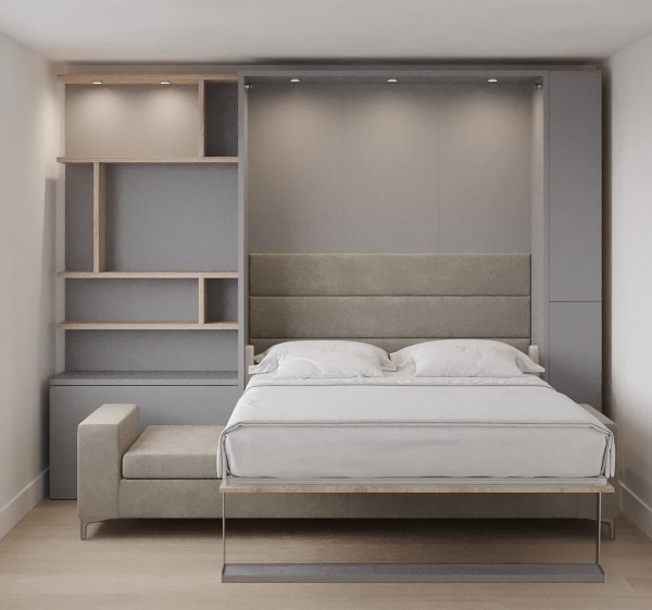 Royal Queen Wall Bed with Wardrobe Bookcases and Sectional Sofa 46