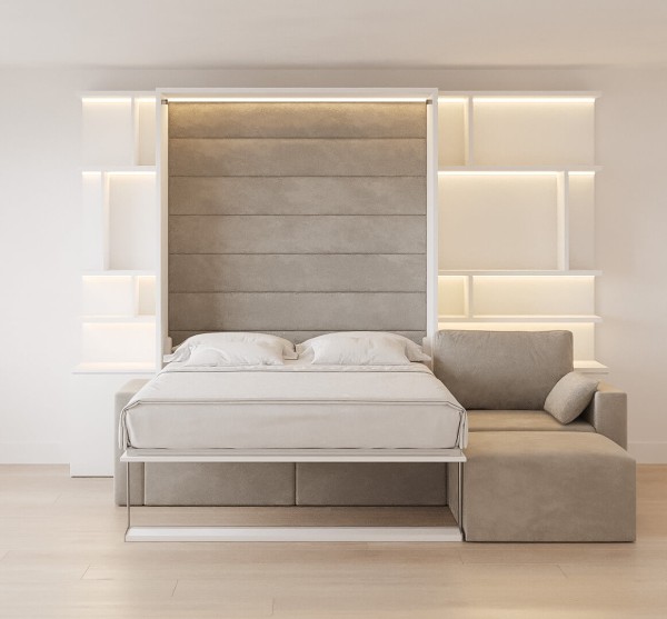 Royal Queen Wall Bed with Wardrobe Bookcases and Sectional Sofa 48