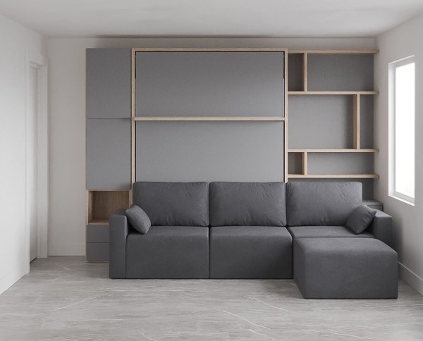 Royal Queen Wall Bed with Wardrobe Bookcases and Sectional Sofa 57