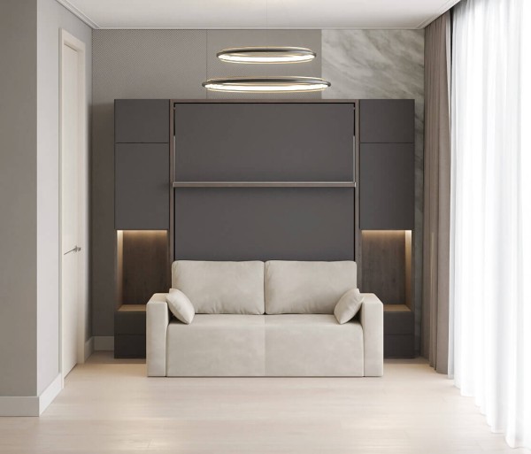 Royal Queen Wall Bed with Wardrobe and Sectional Sofa