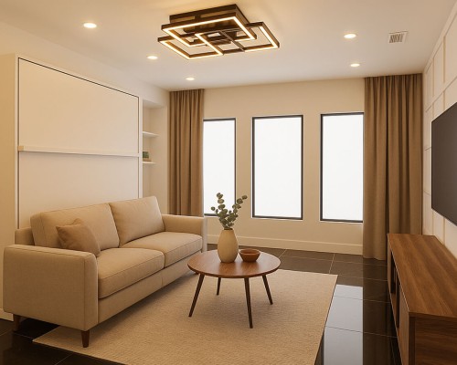 Manhattan-style design showcasing the Royal King Murphy Bed bed with furniture set.